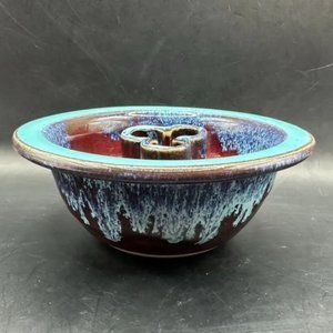 SMP Smokey Mountain Pottery Flower Frog Bowl Blue Teal Red Drip Glaze Glossy
